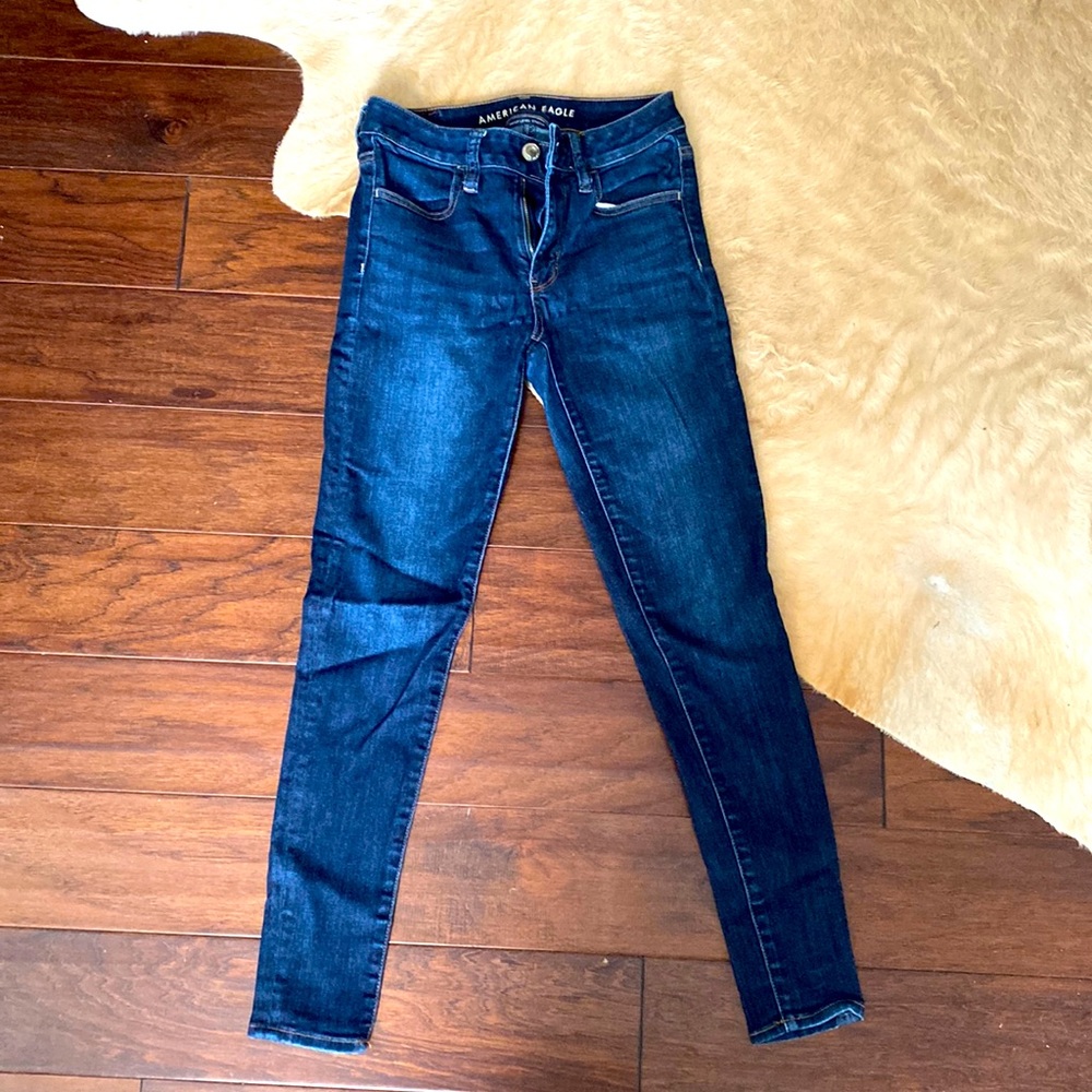 AE American Eagle Women’s Dark Denim Blue Jeans 2 Hi Rise Jeggings